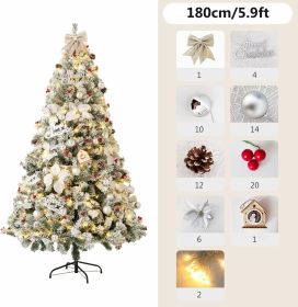 6FT/7FT Artificial Falling Snow Christmas Tree White Flocking with Plastic Silver Ball Bouquet LED Light Decoration & Metal Stand for Indoor or O