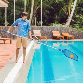 Swimming Pool Telescopic Leaf Net Skimmer Rake with Adjustable Aluminum Pole and Nylon Medium Fine Mesh for Cleaning Swimming Pools, Hot Tubs
