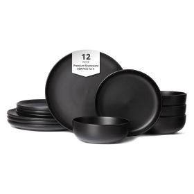 12-Piece Stoneware Dinner Plates Bowls Sets | Microwave & Dishwasher Safe | FDA Certified Non-Toxic Dinner Plates Bowls Set | Stackable Matte Gla (Main Material: Stone, Main Color: Black)