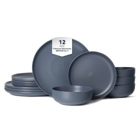 12-Piece Stoneware Dinner Plates Bowls Sets | Microwave & Dishwasher Safe | FDA Certified Non-Toxic Dinner Plates Bowls Set | Stackable Matte Gla (Main Material: Stone, Main Color: Blue)