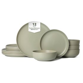 12-Piece Stoneware Dinner Plates Bowls Sets | Microwave & Dishwasher Safe | FDA Certified Non-Toxic Dinner Plates Bowls Set | Stackable Matte Gla (Main Material: Stone, Main Color: Green)