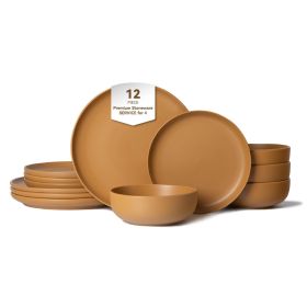 12-Piece Stoneware Dinner Plates Bowls Sets | Microwave & Dishwasher Safe | FDA Certified Non-Toxic Dinner Plates Bowls Set | Stackable Matte Gla (Main Material: Stone, Main Color: Orange)