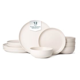 12-Piece Stoneware Dinner Plates Bowls Sets | Microwave & Dishwasher Safe | FDA Certified Non-Toxic Dinner Plates Bowls Set | Stackable Matte Gla (Main Material: Stone, Main Color: White)