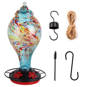 Glass Hummingbird Feeder 33OZ Hand Blown Hummingbird Feeder with 5 Flower Feeding Port Perch Ant Moat Hanging Hook S Hook Hemp Rope Cleaning Brus (Color: Blue)