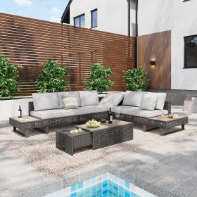 6-Person Patio Sectional Furniture Set with Extendable Coffee Table with Ice Bucket, Collapsible Seat (Color: Gray)